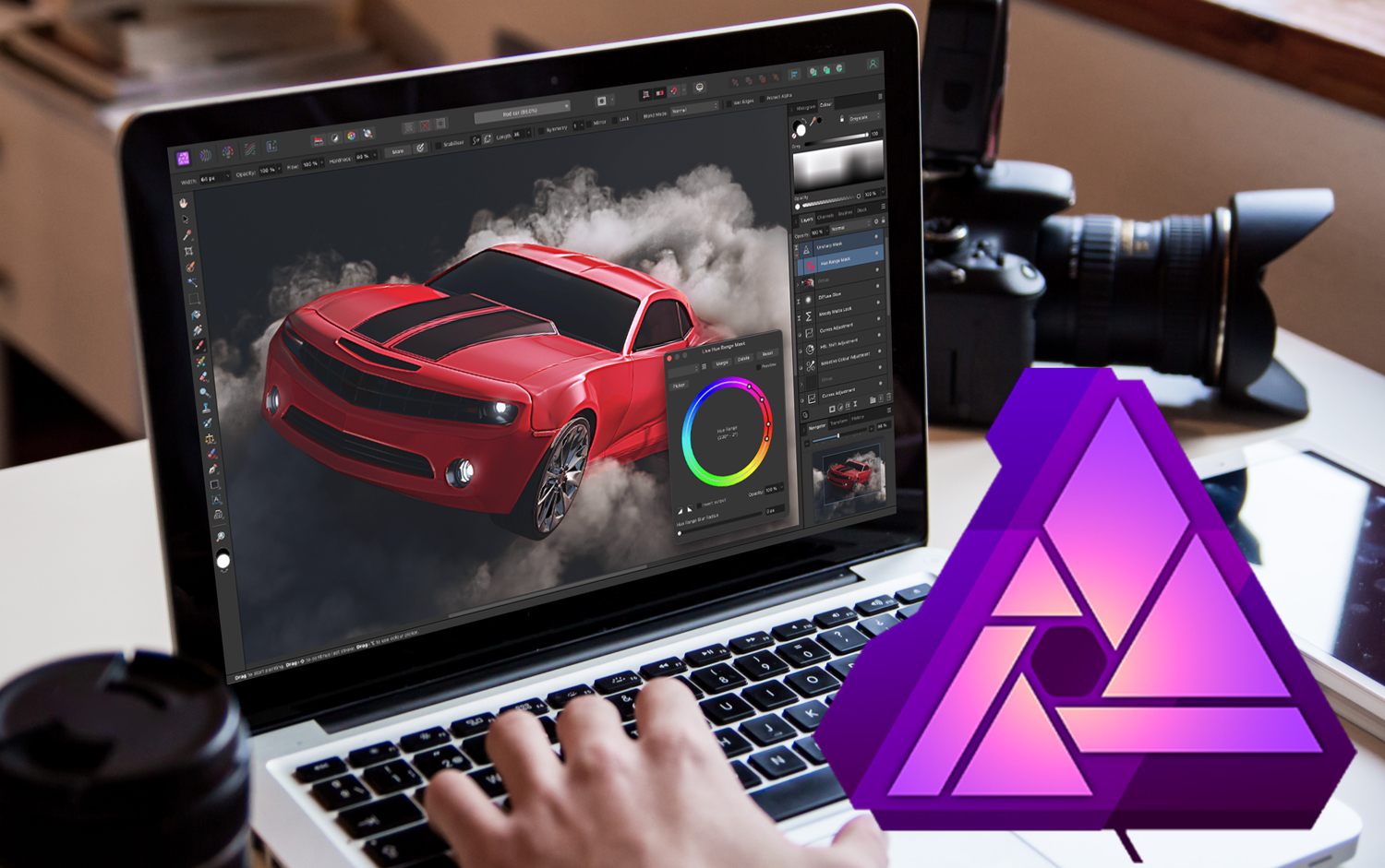 Laptop with Affinity Photo open editing a picture of a car